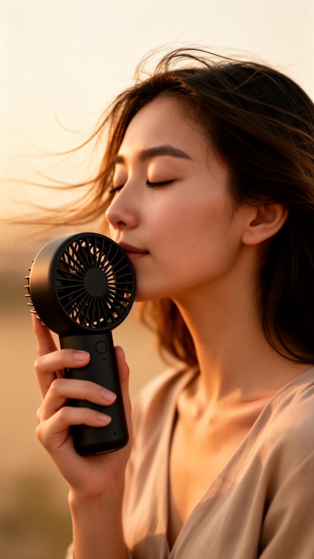 Woman using the Aero Mini handheld fan at sunset